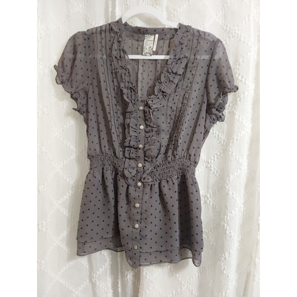 Guess Women Grey Polka Dot Ruffle Smocked Waist Sheer Blouse Size Large